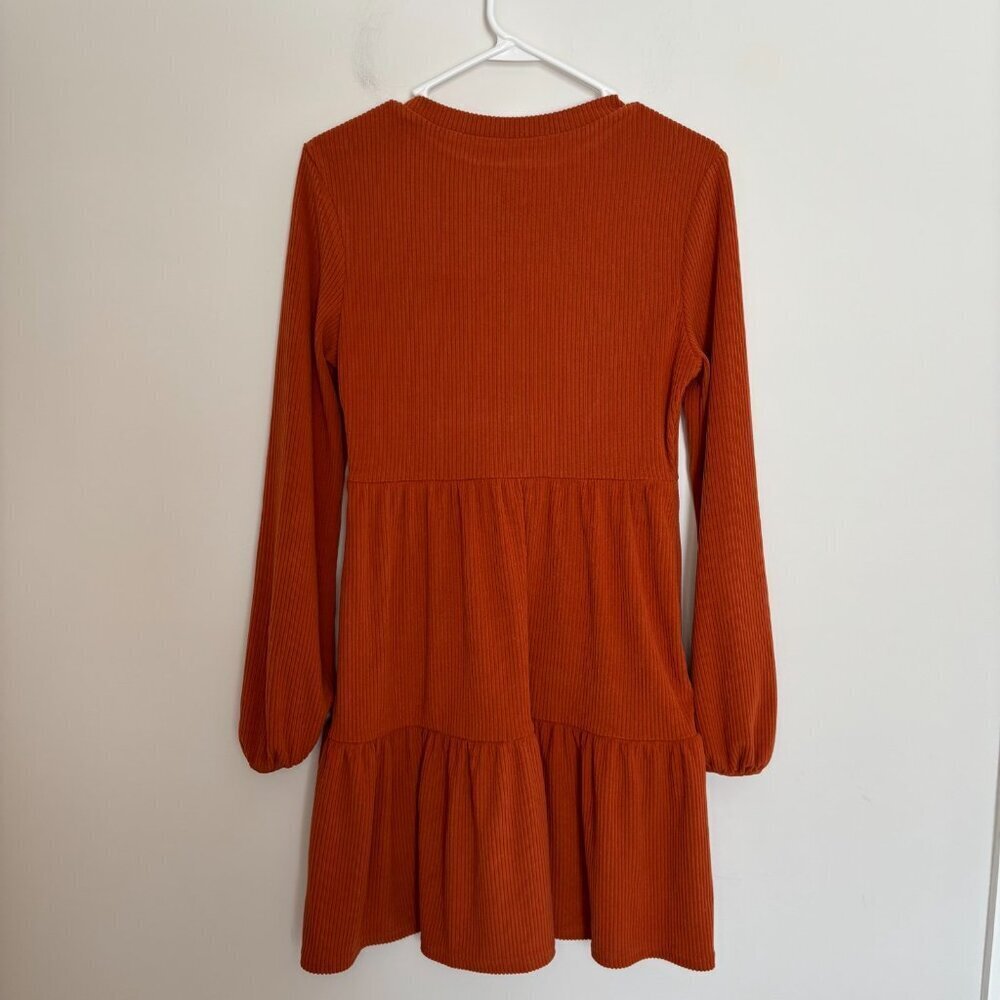 CUPSHE Bernadette Ribbed Tiered Mini Dress Womens M Orange Long Sleeve Soft - Picture 2 of 7